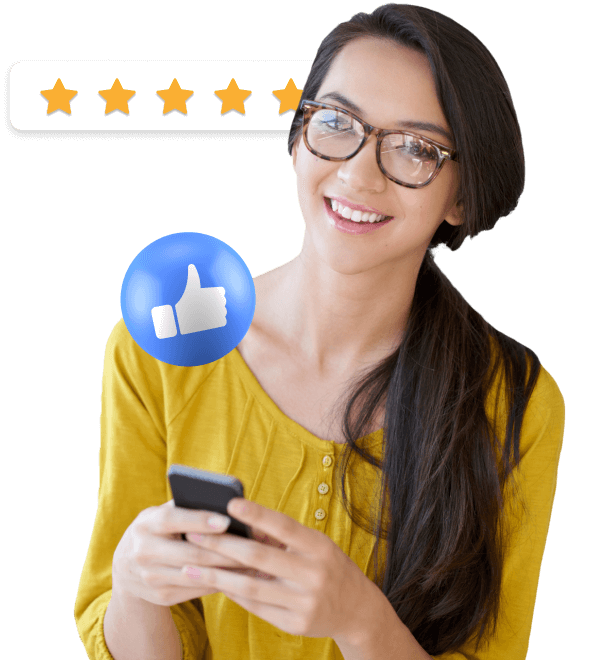 Smiling woman using her phone with a 'like' symbol and 5 stars overlaid, depicting customer satisfaction and high-quality service enabled by our Address Lookup Software.