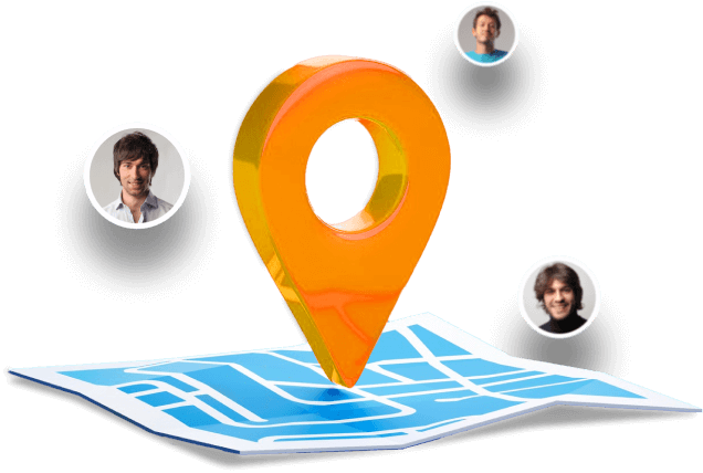 3D map pin hovering over a detailed map, surrounded by floating faces, illustrating the precision and human-centric approach of our Address Lookup Software in geolocation and mapping.