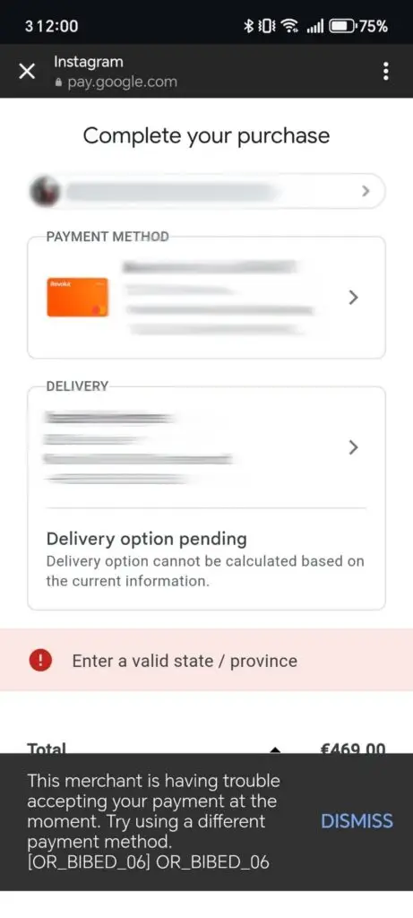 Checkout screen prompting to complete purchase; shows payment method card (Revolut) and delivery details with a state/province validation error.
