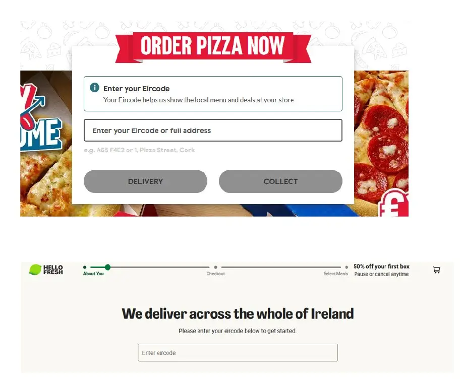 Pop-up order form over a pizza banner asking for your Eircode with Delivery or Collect options.