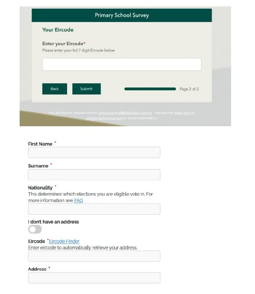 Online Primary School Survey form with Eircode input and address fields; shows Back and Submit buttons with progress bar (Page 2 of 2).
