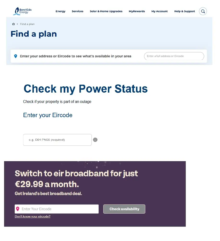 Bord Gáis Energy webpage showing a 'Check my Power Status' tool with an 'Enter your Eircode' field and sample placeholder text.
