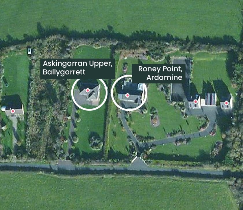 Aerial map highlighting two properties with labels: Askingarran Upper, Ballygarrett and Roney Point, Ardamine.