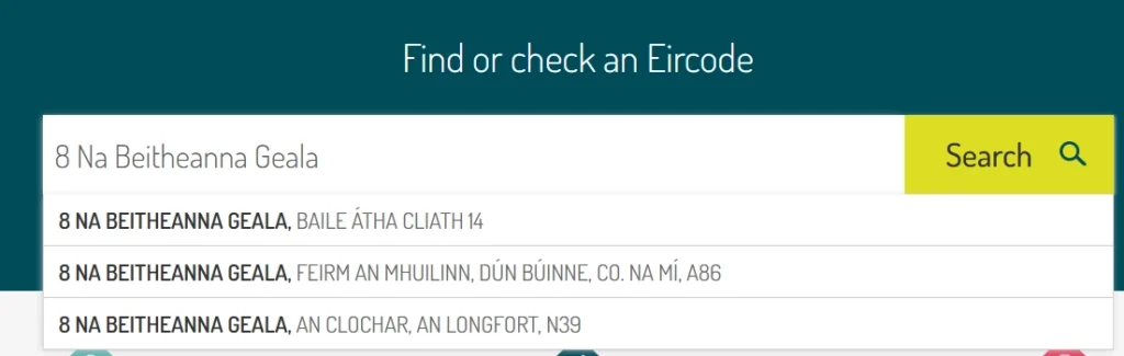 Find or check an Eircode: search box prefilled with '8 Na Beitheanna Geala' and a yellow 'Search' button, showing three results below.