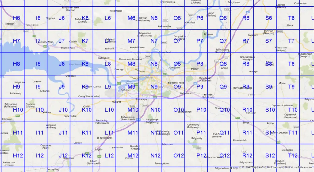 Map of the area with a blue coordinate grid overlaid, cells labeled with letter/number pairs (e.g., H6, J6).