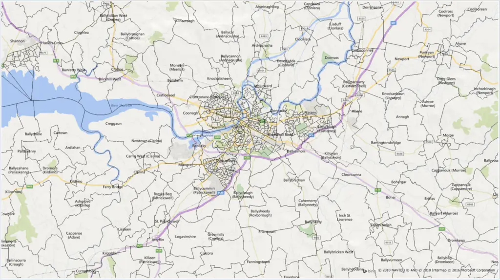 Map view of a city and surrounding rural areas showing roads, rivers, and municipal boundaries in a geographic area (likely a regional map).