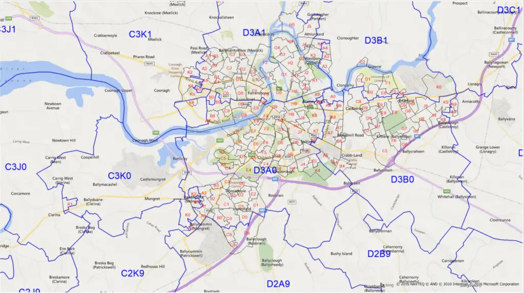 Map of district boundaries around a town center, with blue outlines and alphanumeric district codes (e.g., D3A1, C3K0). Shows roads and rivers.