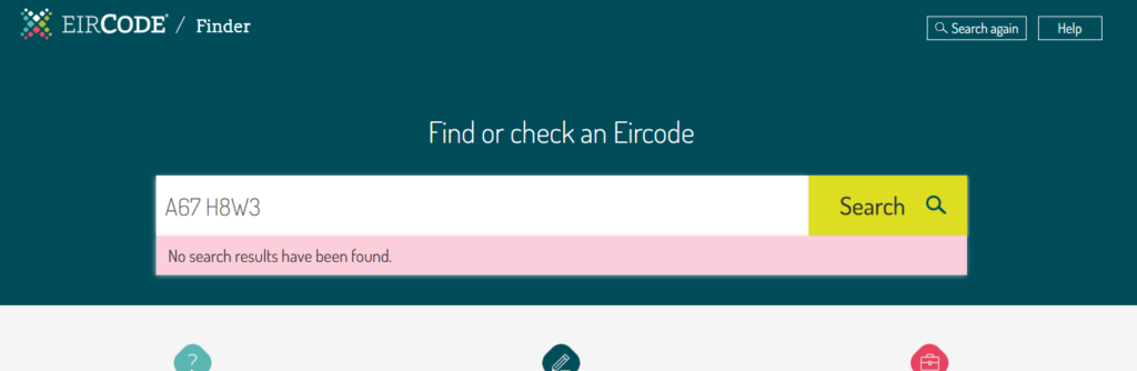 EIRCODE Finder page showing search input with 'A67 H8W3' and a pink 'No search results have been found.' message.