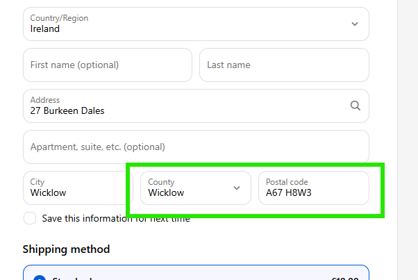 Example of Shopify not being able to verify Eircode correctly