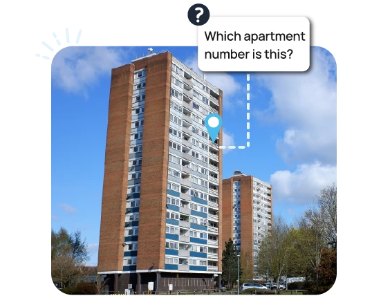 Tall brick apartment building with a blue map pin and a dashed line pointing to a unit, with a speech bubble reading 'Which apartment number is this?'